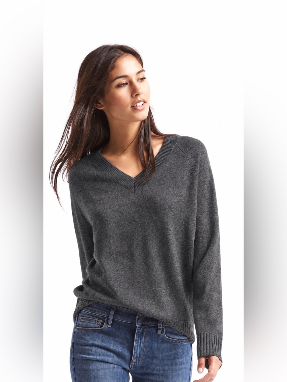 GAP Wool Cashmere Blend V-Neck Sweater Charcoal Gray Size M